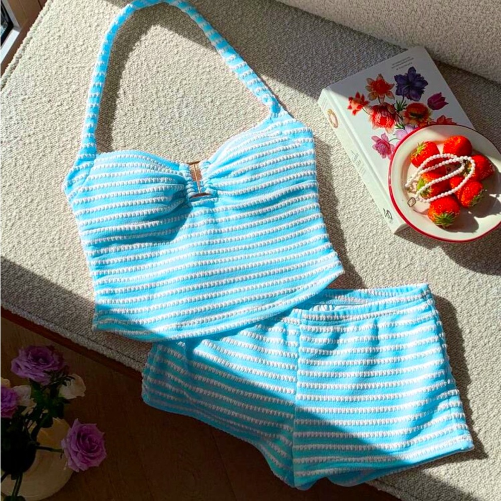 Blue and White Striped Halter Top and Shorts Set